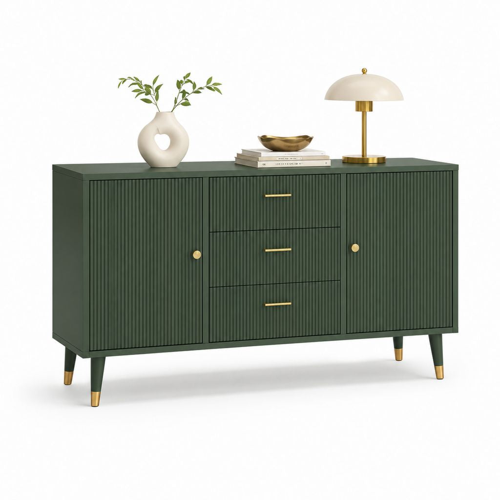 Buffet de rangement vert foncé en panneaux MDF rainurés 160 x 40 x 80 cm avec 2 portes et 3 tiroirs