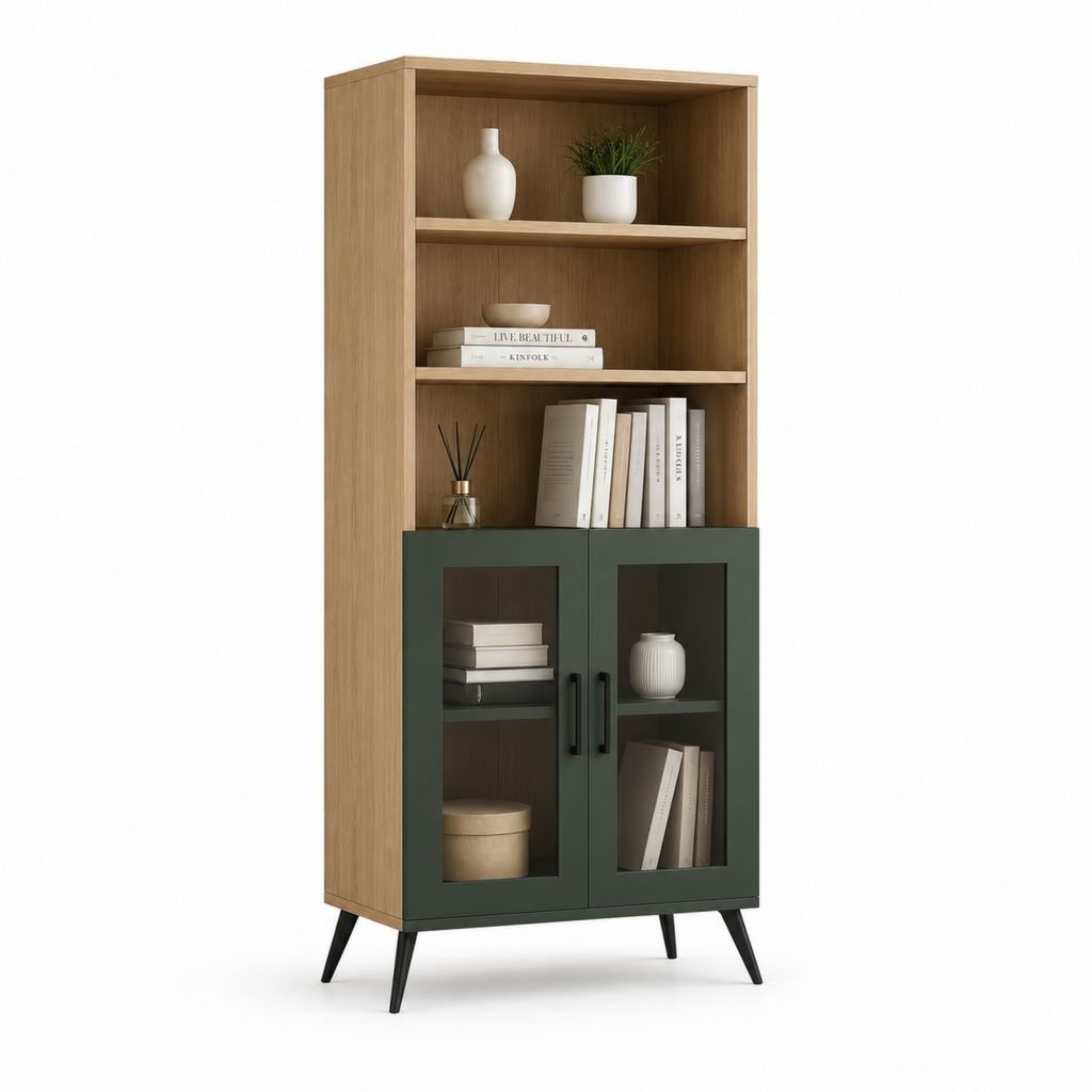Buffet vaisselier haut rectangulaire en MDF placage chêne vert avec 2 portes vitrées 80 x 40 x 180 cm