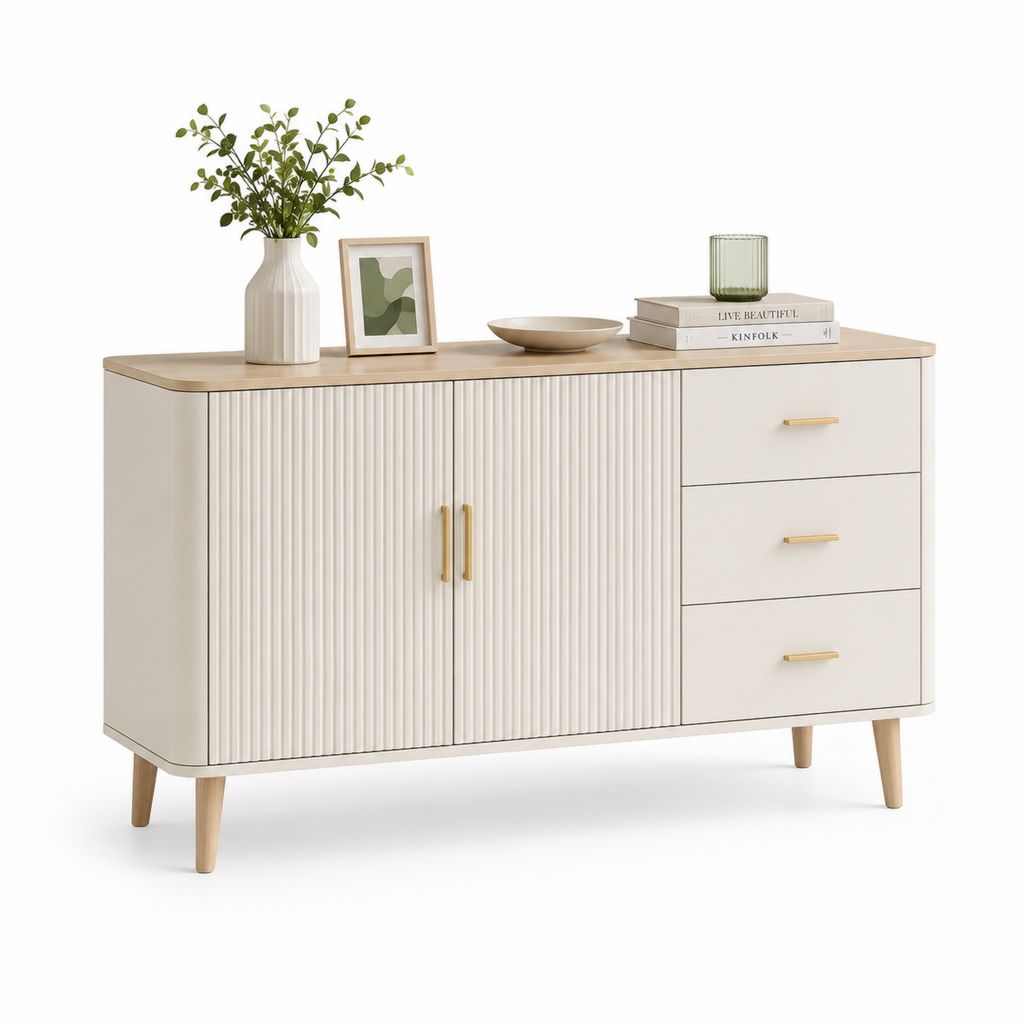 Buffet de salle à manger rectangulaire 2 portes 3 tiroirs blanc cassé en MDF et hévéa 140 x 40 x 80 cm