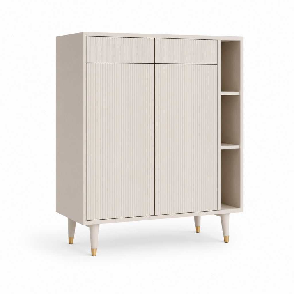 Buffet haut beige en MDF rectangulaire avec 4 portes et étagères latérales 120 x 40 x 150 cm