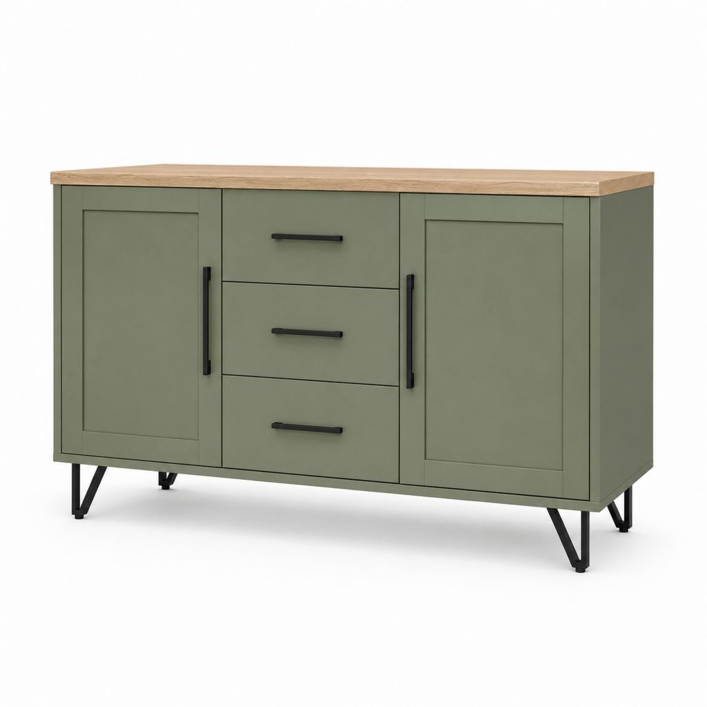 Buffet de salle à manger rectangulaire vert olive en MDF avec plateau décor chêne 160 x 40 x 85 cm