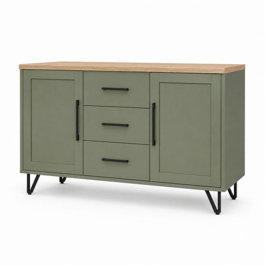 Buffet de salle à manger rectangulaire vert olive en MDF avec plateau décor chêne 160 x 40 x 85 cm
