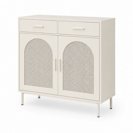 Buffet 2 portes 2 tiroirs blanc en MDF et acier perforé rectangulaire 80 x 40 x 95 cm