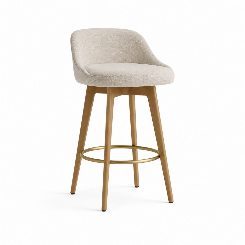 Tabouret de bar beige en polyester et hêtre massif avec assise arrondie 54 x 55 x 95 cm