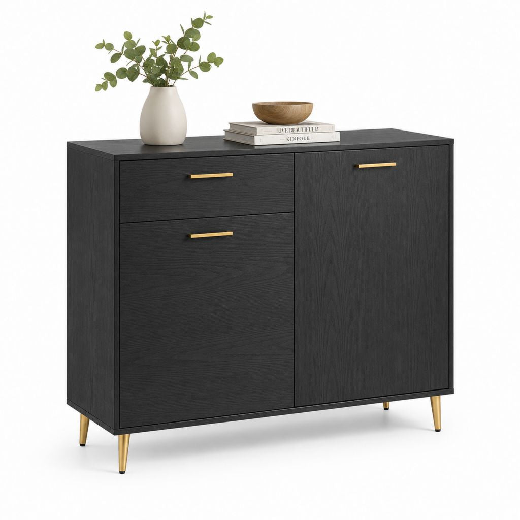 Buffet de rangement noir en panneaux de particules 120 x 40 x 90 cm avec 2 portes et 2 tiroirs