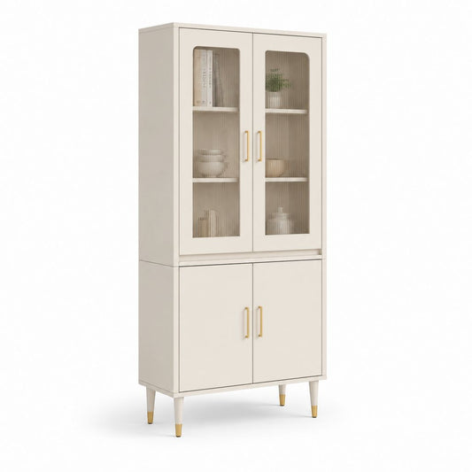 Buffet vaisselier 4 portes blanc cassé en MDF et verre strié 80 x 40 x 180 cm