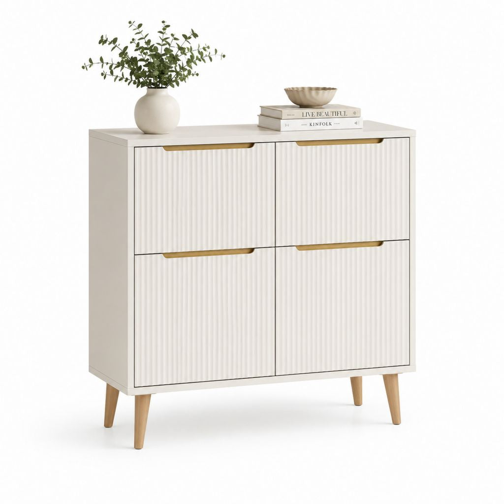 Buffet de rangement 4 portes blanc et naturel en MDF 100 x 40 x 90 cm