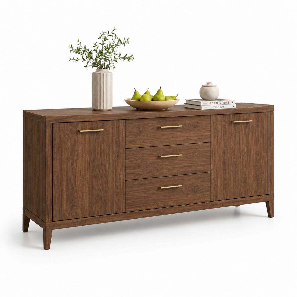 Buffet de salle à manger 2 portes 3 tiroirs noyer MDF rectangulaire 160 x 45 x 85 cm