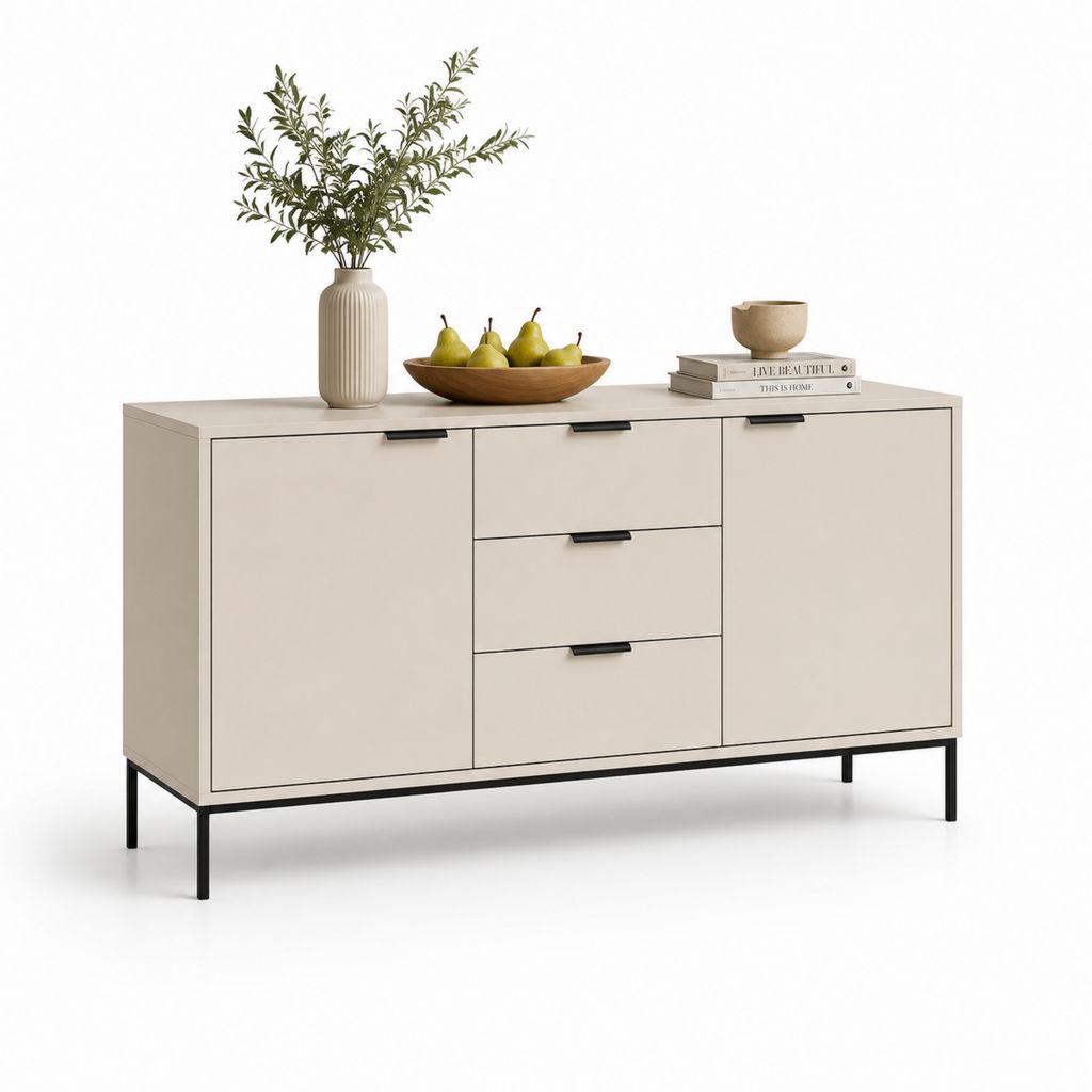 Buffet de salle à manger beige en panneaux MDF rectangulaire 160 x 40 x 80 cm avec 3 tiroirs et 2 portes