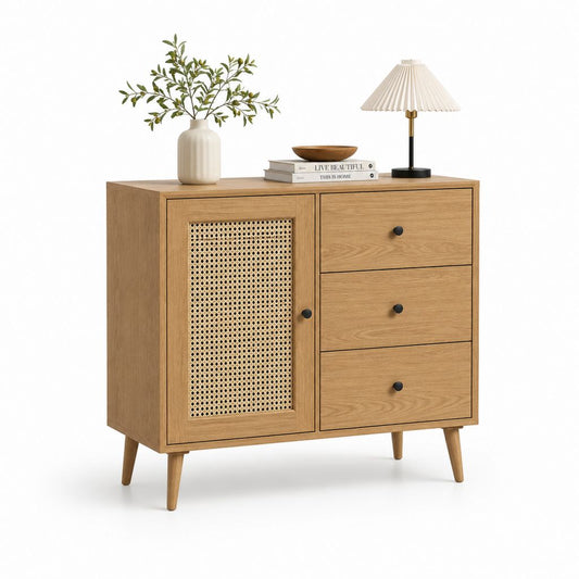 Buffet rectangulaire chêne clair MDF plaqué chêne et rotin 100 x 40 x 90 cm