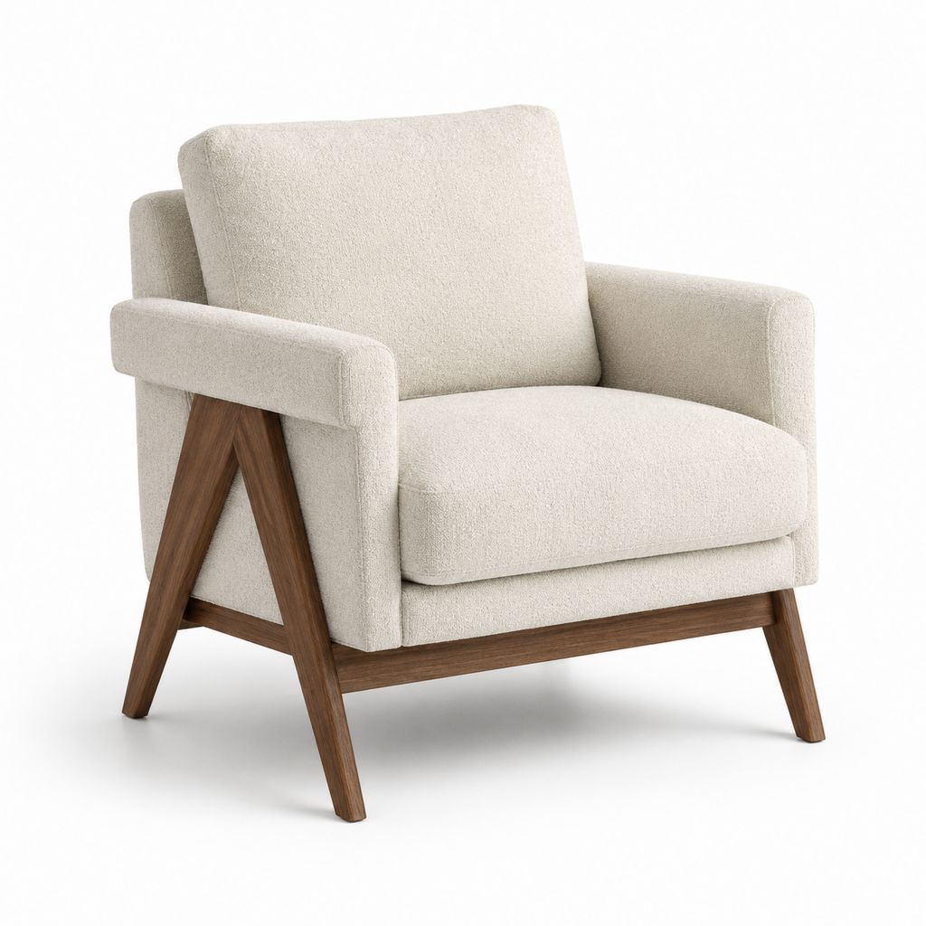 Fauteuil de salon crème en polyester bouclette avec piètement en bois massif 75 x 82 x 85 cm