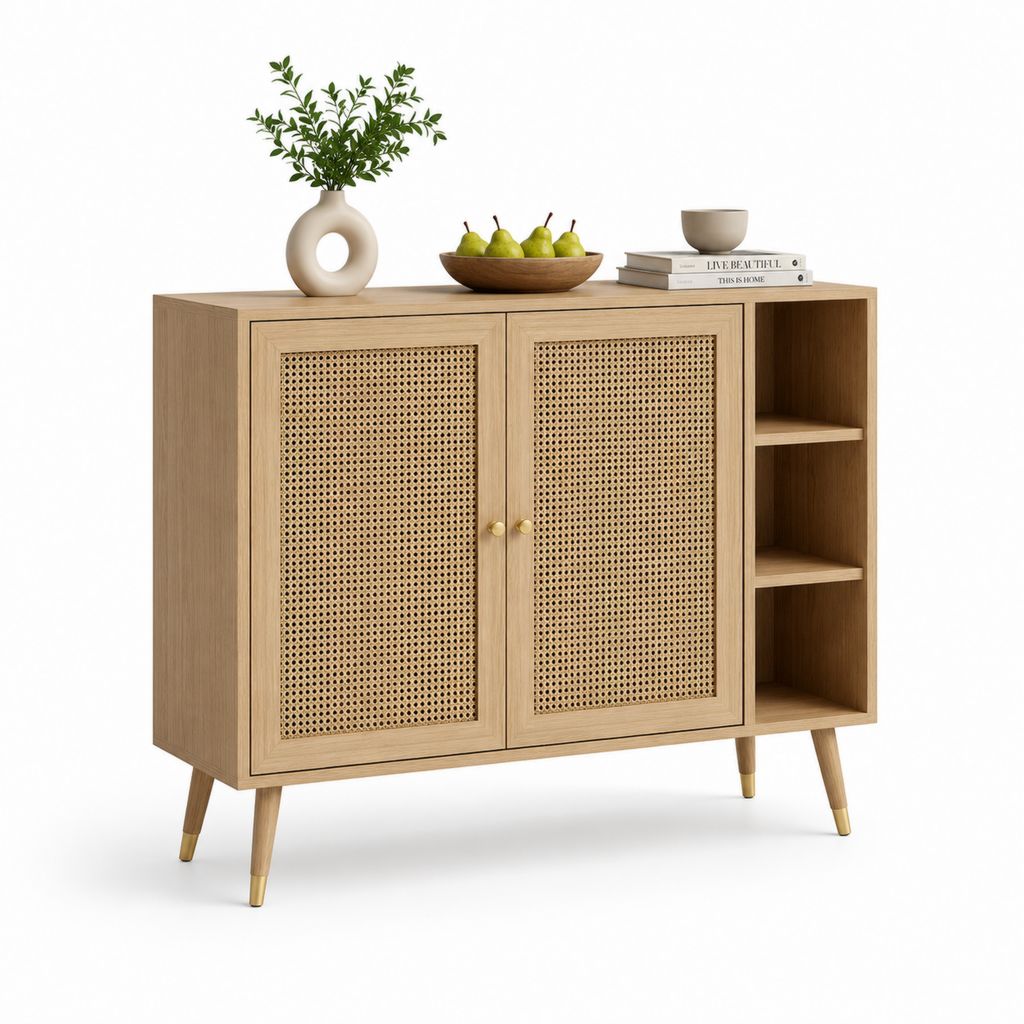 Buffet de salle à manger chêne clair et cannage 120 x 40 x 90 cm