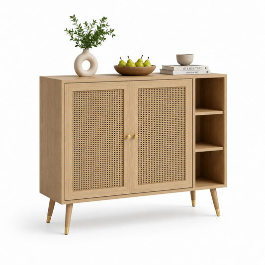Buffet de salle à manger chêne clair et cannage 120 x 40 x 90 cm