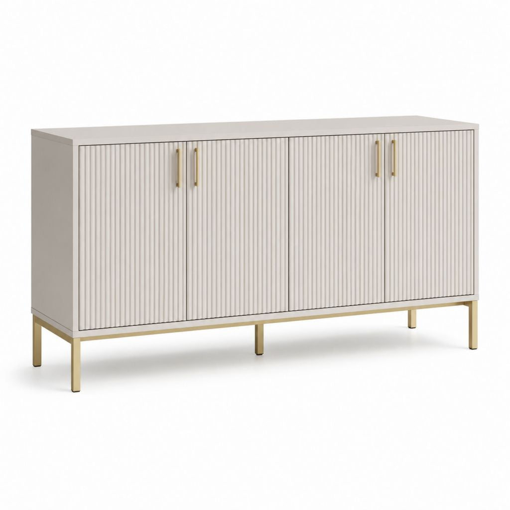 Buffet de rangement 4 portes blanc en MDF strié avec piètement acier doré 160 x 40 x 80 cm