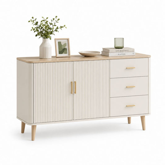 Buffet de salle à manger rectangulaire 2 portes 3 tiroirs blanc cassé en MDF et hévéa 140 x 40 x 80 cm