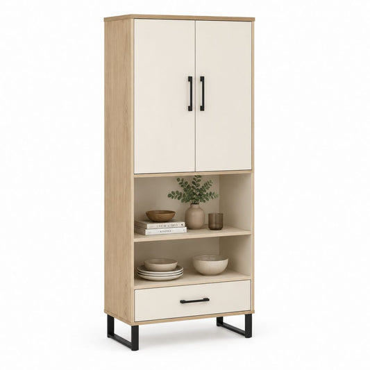 Buffet haut de rangement rectangulaire beige et chêne clair en panneaux de particules mélaminés 80 x 40 x 180 cm