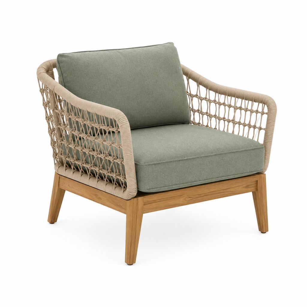 Fauteuil de jardin fixe vert sauge en teck et corde tressée 78 x 82 x 76 cm
