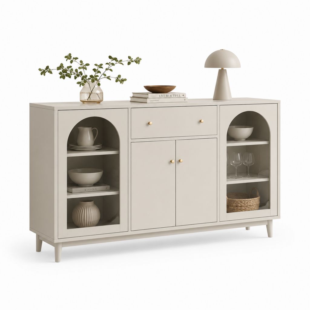 Buffet de salle à manger rectangulaire beige en panneaux MDF 160 x 40 x 90 cm avec tiroir portes et niches arquées