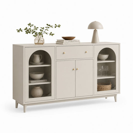 Buffet de salle à manger rectangulaire beige en panneaux MDF 160 x 40 x 90 cm avec tiroir portes et niches arquées